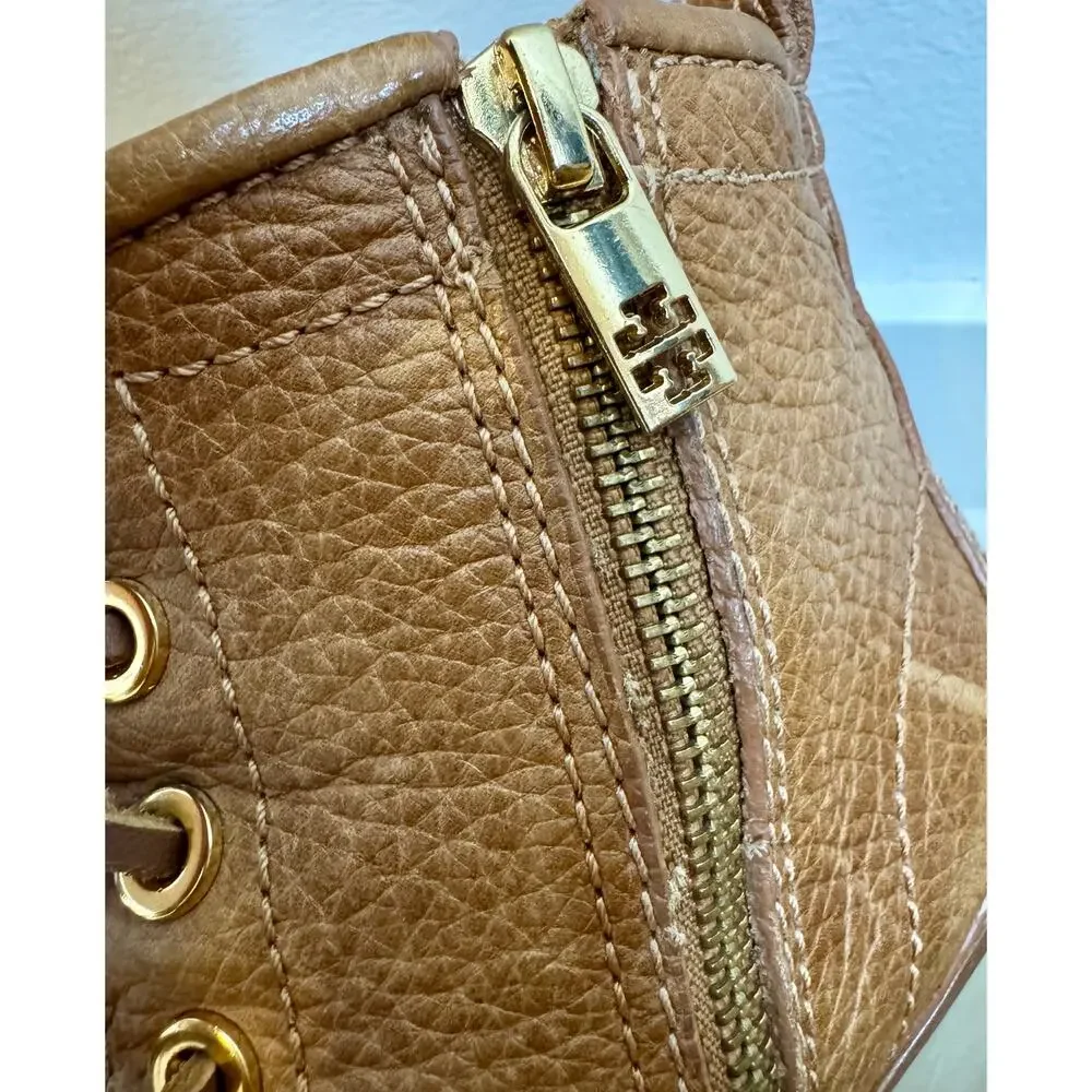 Tory Burch Howard Tan Leather Fringe Lug Wedge Boots Women’s 6